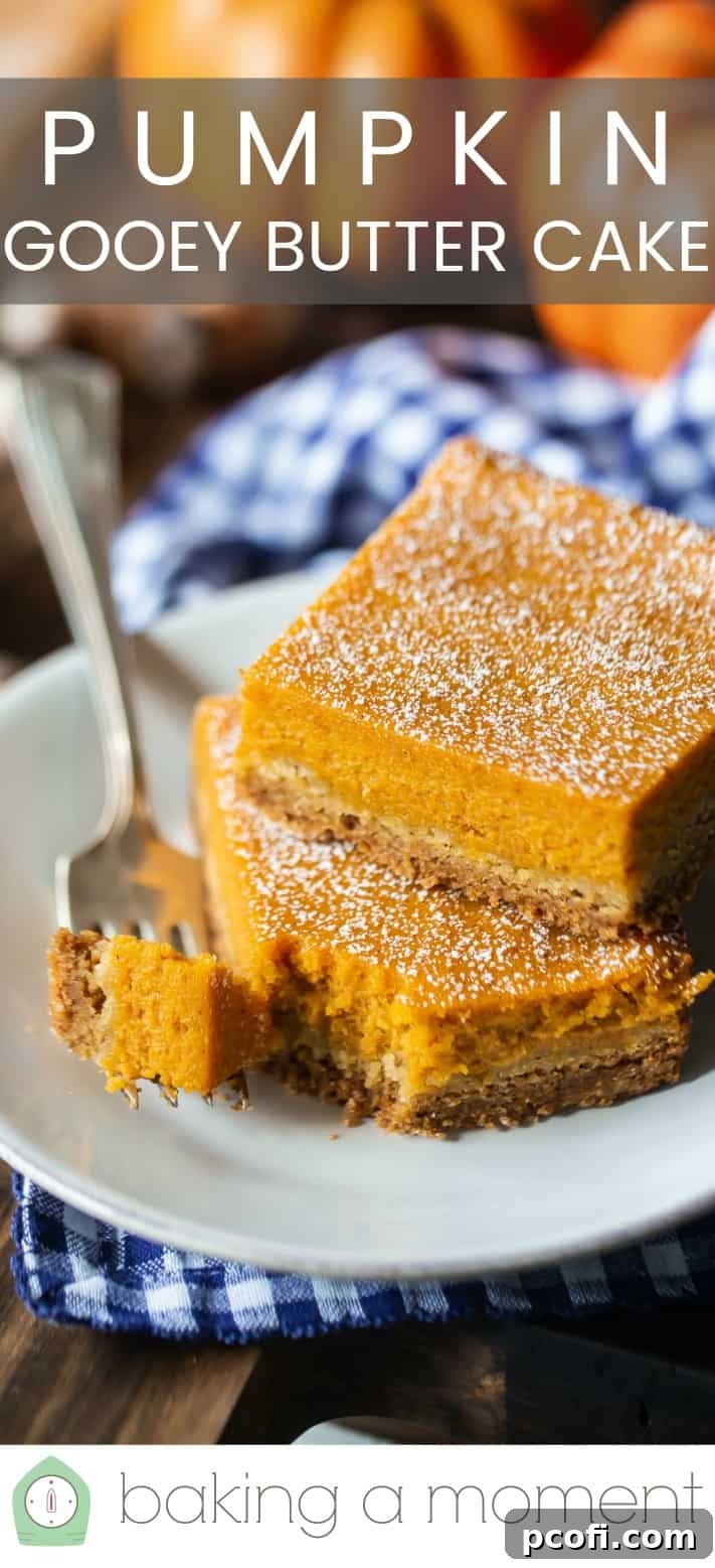 Pumpkin gooey butter cake pin 2. A vibrant Pinterest image featuring the rich texture and festive appeal of this homemade holiday treat.