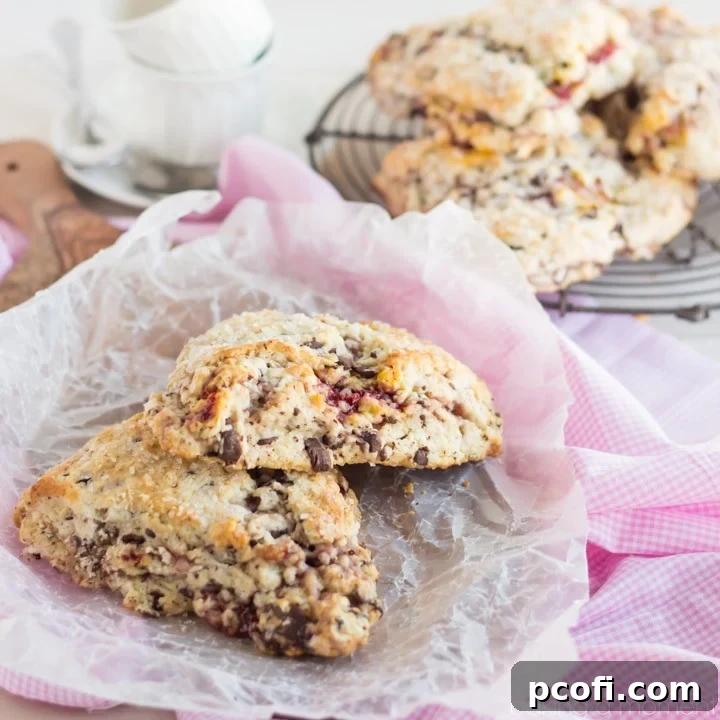 Moist and tender raspberry ripple scones with dark chocolate, perfect for breakfast or brunch