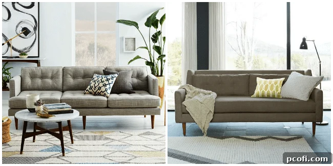Collage showing two sofa options, Peggy and Crosby, from West Elm