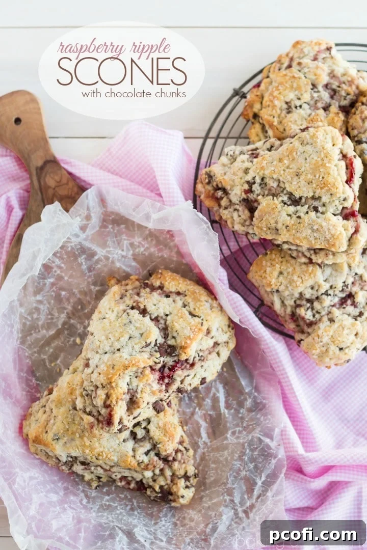Beautifully baked raspberry ripple scones with dark chocolate, ready to serve