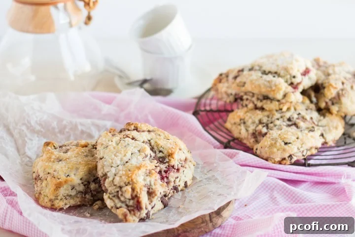 Preparing scone dough with raspberry preserves and dark chocolate before baking