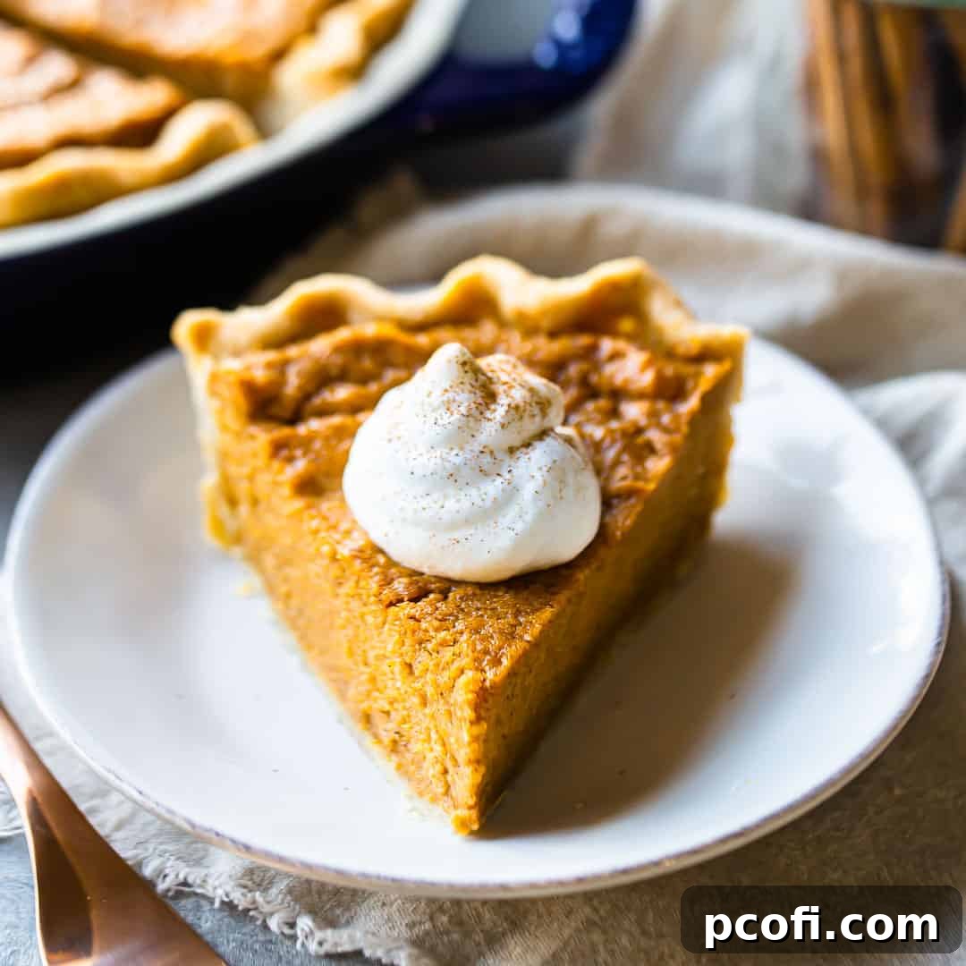 A beautifully baked slice of sweet potato pie on a white plate, adorned with a dollop of whipped cream and a sprinkle of cinnamon, ready to be enjoyed.