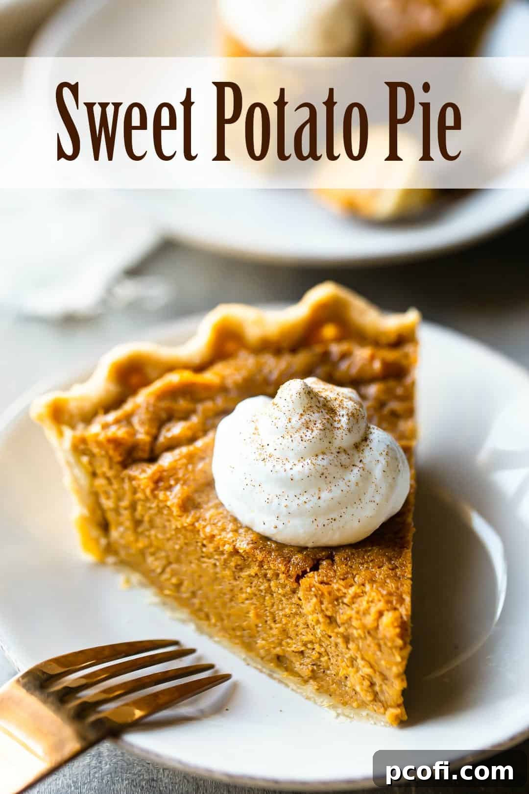 A mouth-watering slice of sweet potato pie crowned with a generous dollop of whipped cream and a dusting of cinnamon, with a bold text overlay proclaiming "Sweet Potato Pie."