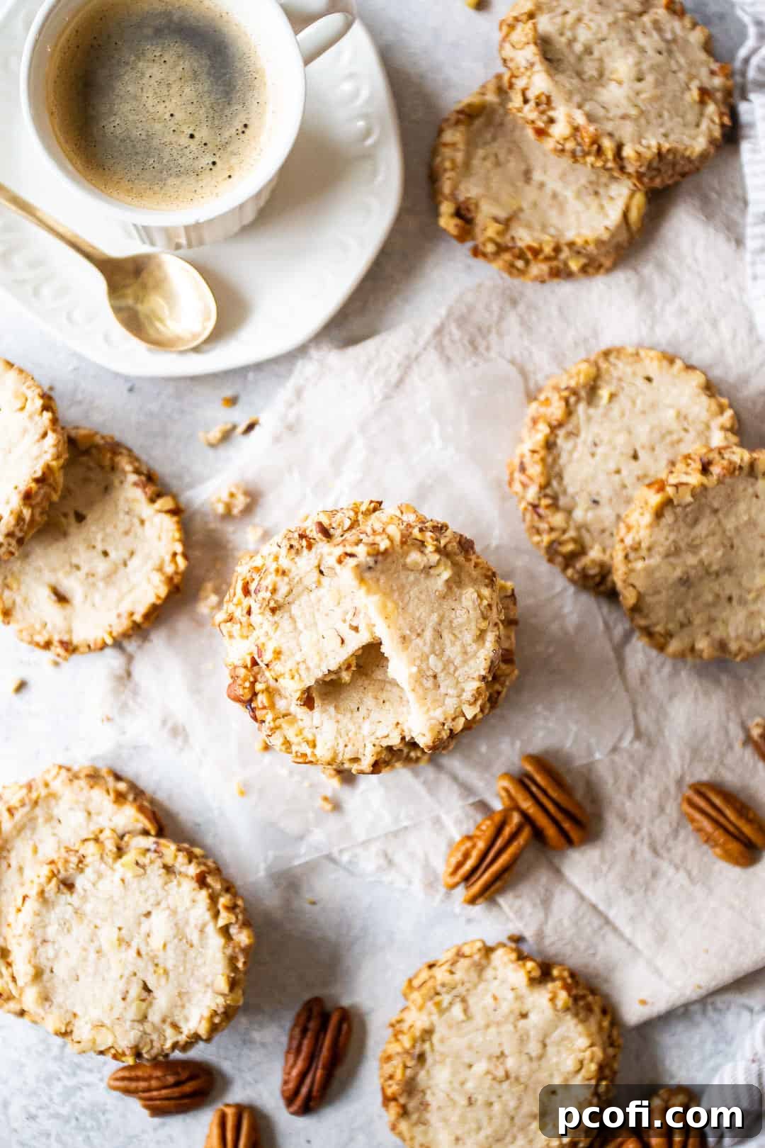 Overhead image of homemade pecan sandies cookies stacked and scattered with pecans, with a cup of espresso nearby, ready to be enjoyed.