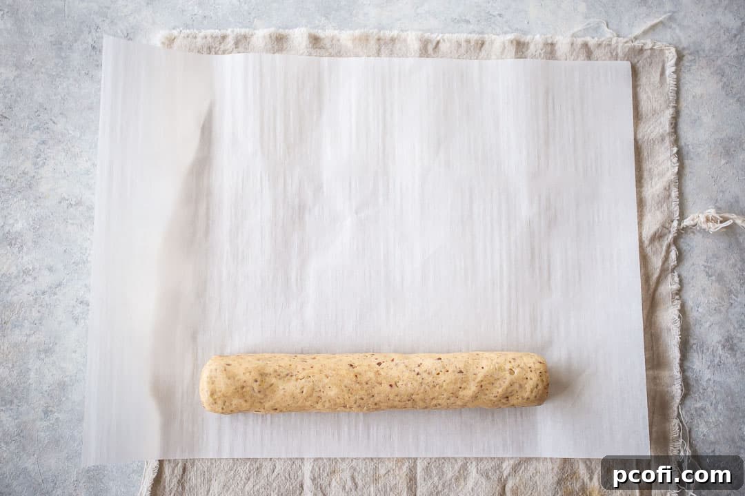 Dividing the pecan sandies dough in half and carefully rolling it into even logs, preparing for the slice-and-bake method.