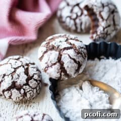Chocolate crinkle cookies with a dish of powdered sugar and a red kitchen towel.
