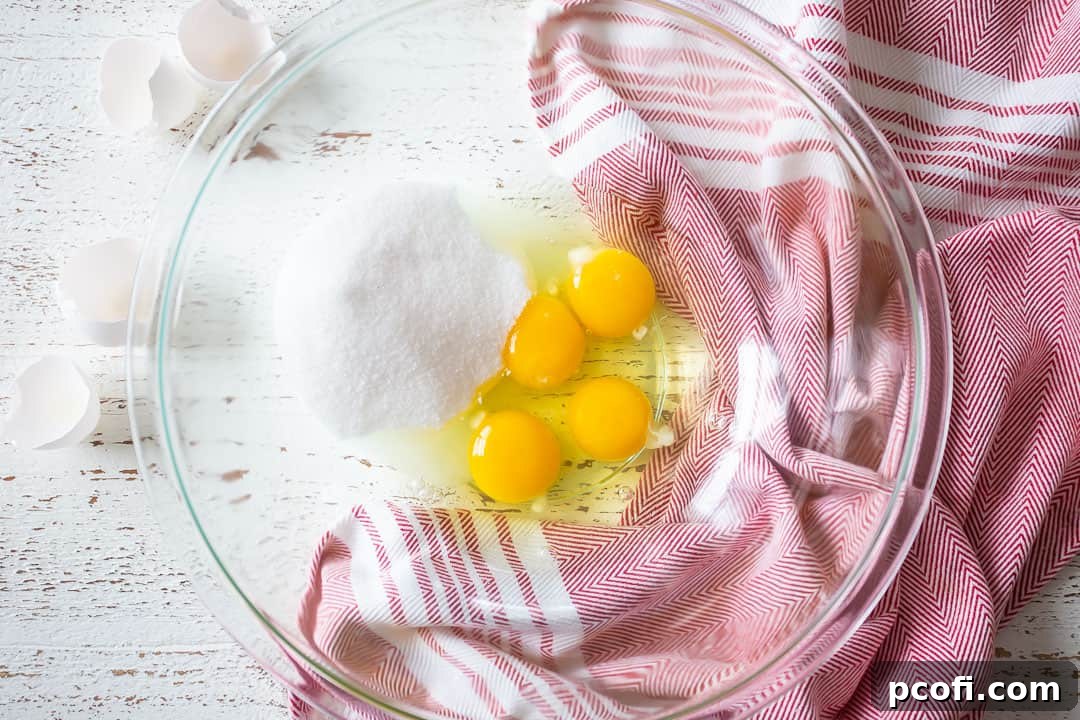 Eggs and sugar in a large glass mixing bowl, ready to be combined for chocolate crinkle cookie dough.