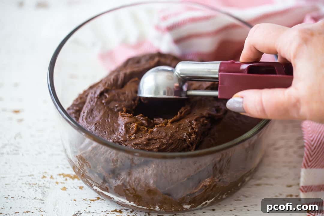 Shaping chocolate crinkle cookie dough with a cookie scoop and preparing it for the sugar coating.