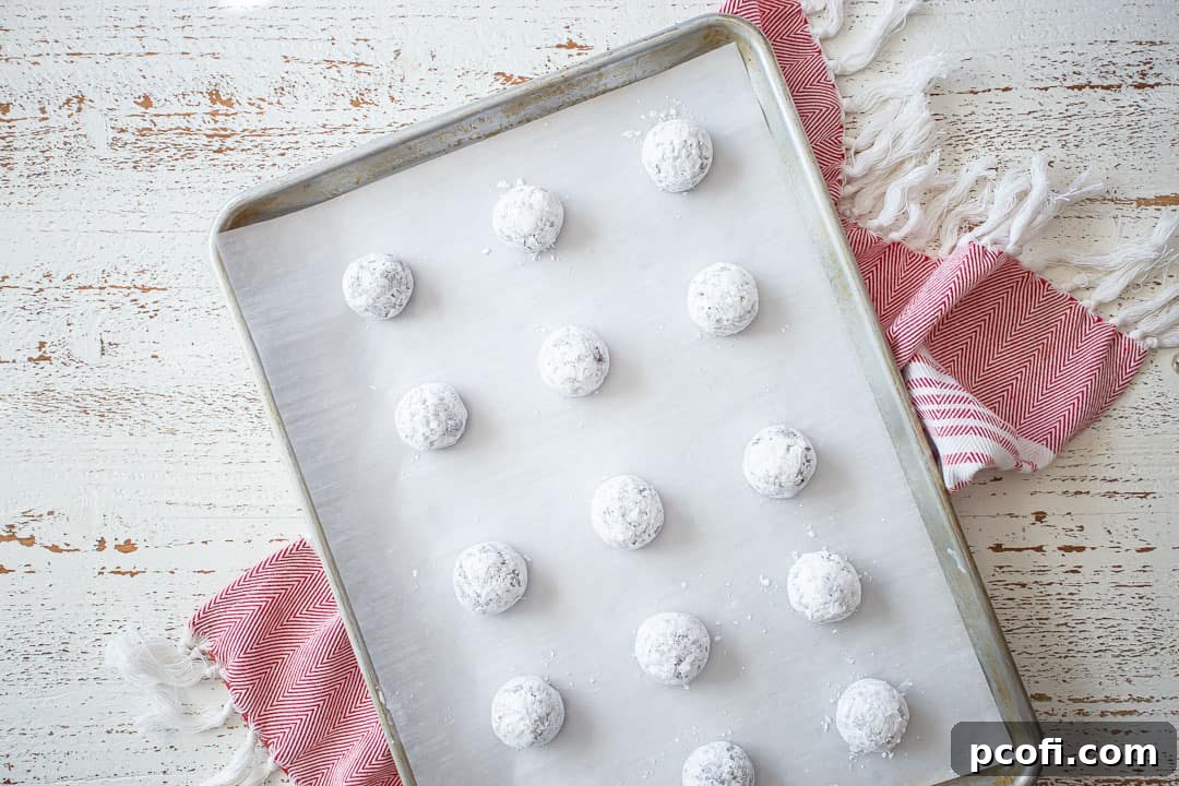 Unbaked chocolate crinkle cookies, perfectly coated in powdered sugar, arranged on a parchment-lined baking sheet.