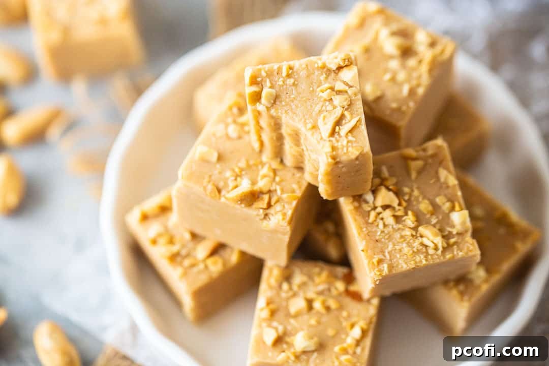 Step-by-step image of peanut butter fudge squares, with chopped peanuts on top, being prepared.