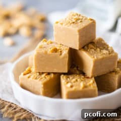 Peanut butter fudge cut into squares and arranged on a white plate.