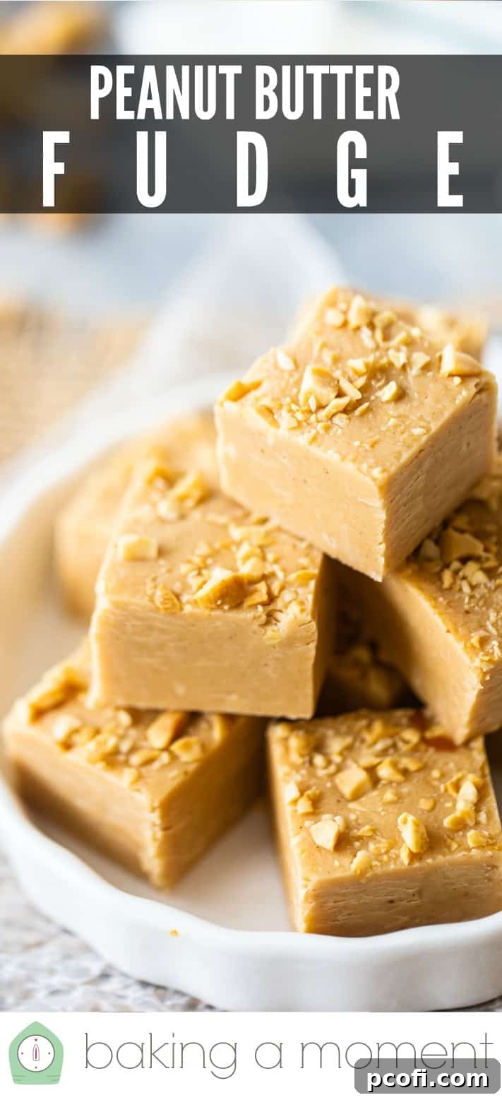 Vertical image of peanut butter fudge for Pinterest, showcasing its creamy texture.