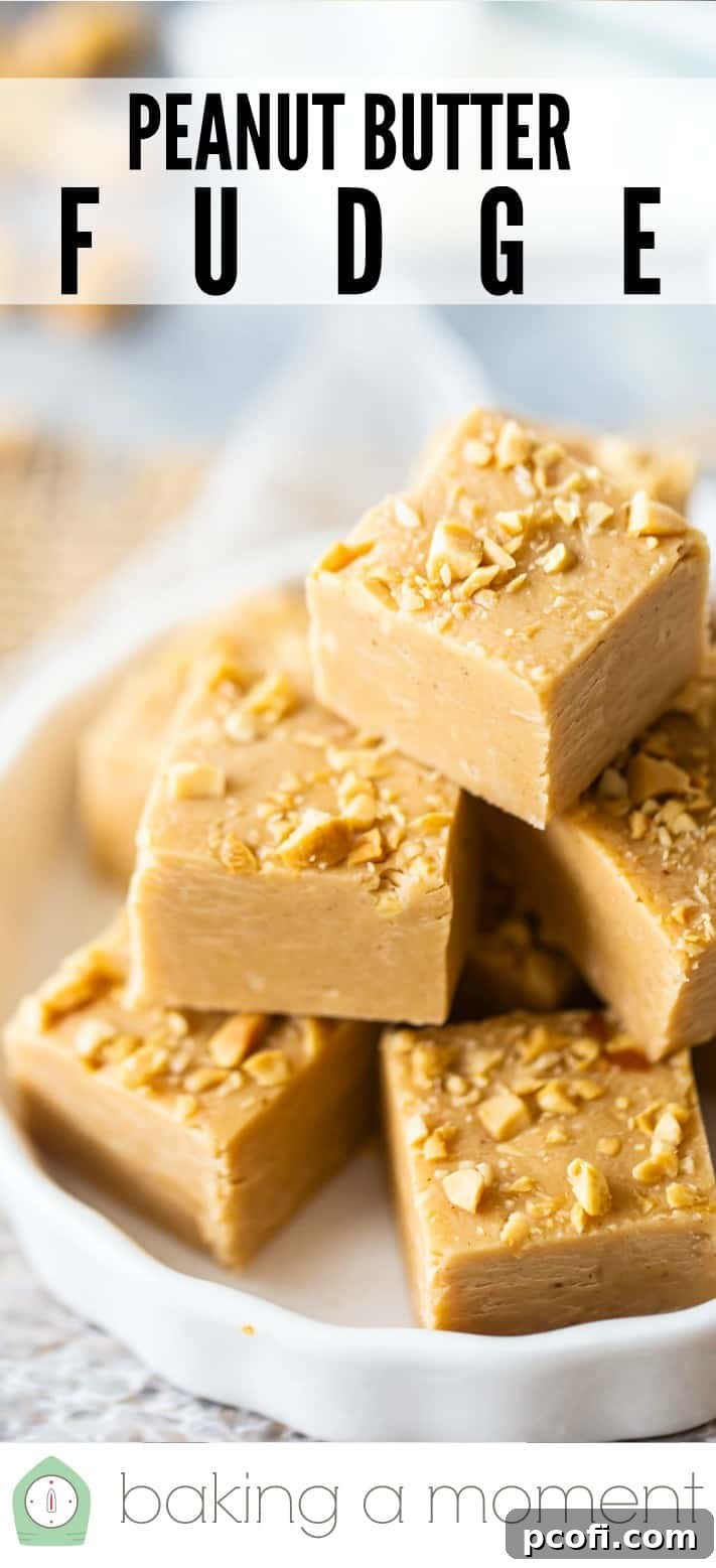 Third vertical Pinterest image of peanut butter fudge, emphasizing 4 ingredients and 5 minutes.
