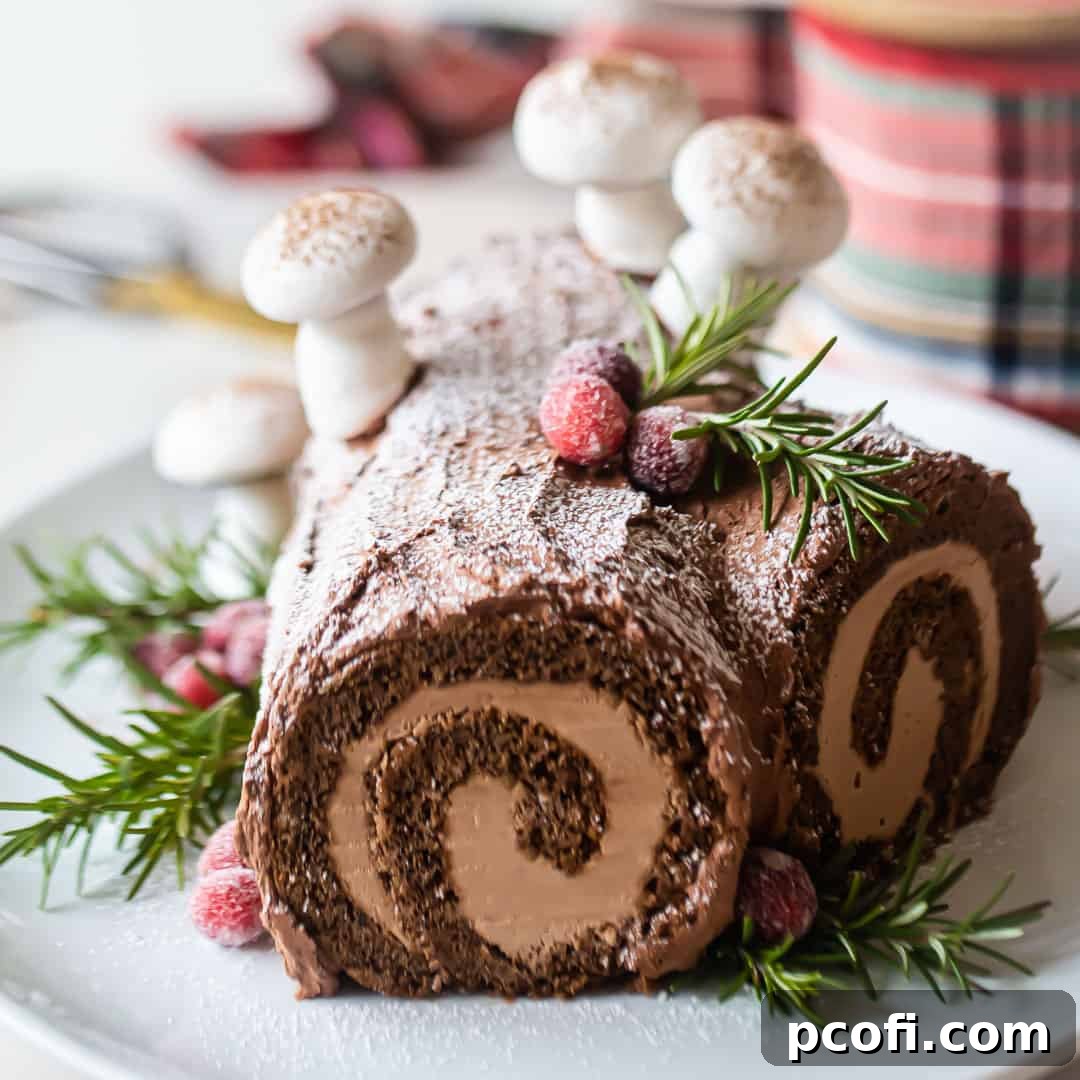 Yule log cake garnished with fresh greens and festive berries, presented elegantly on a white platter for a holiday celebration.