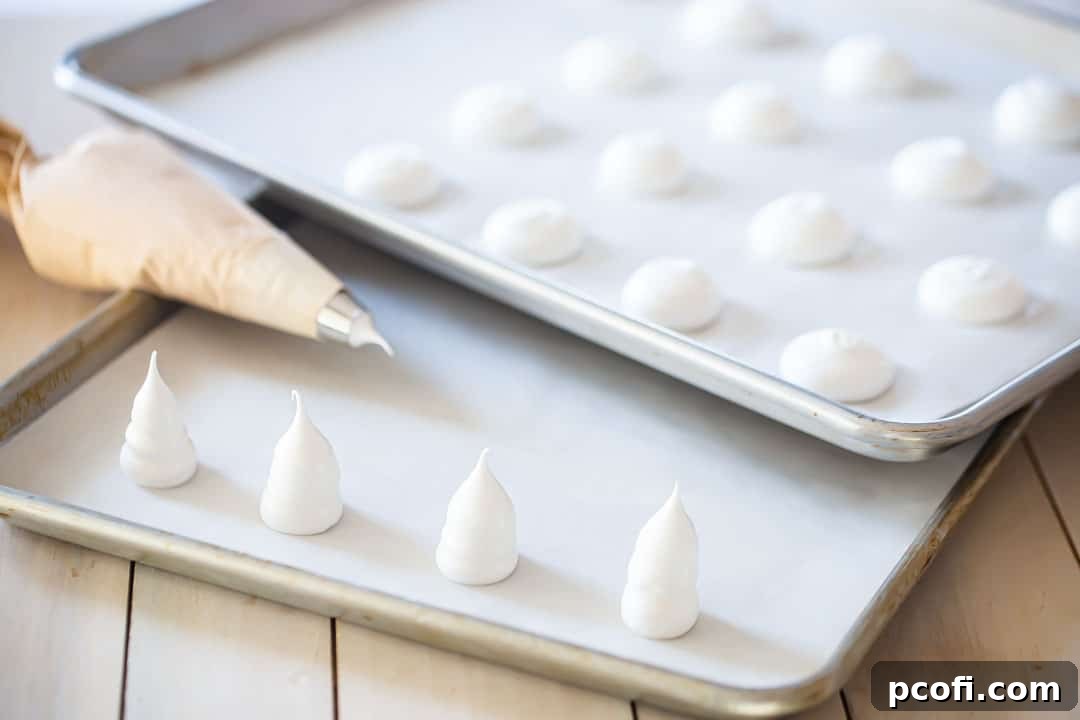 Piping delicate meringue into small dome shapes for mushroom caps and tall, thin stems for a whimsical Yule Log cake garnish.