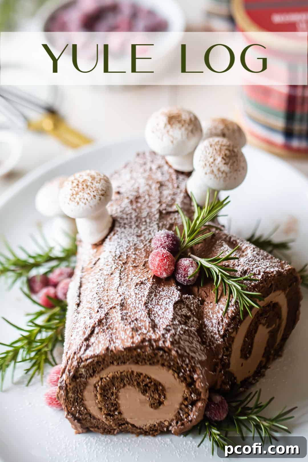 Buche de Noel cake dusted with powdered sugar and adorned with chocolate shavings on a platter, with a text overlay reading "Yule Log."