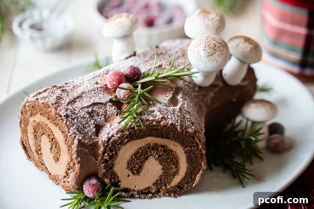 A delectable chocolate yule log cake elegantly presented on a white platter, with a soft red plaid ribbon subtly blurred in the background, setting a festive holiday mood.