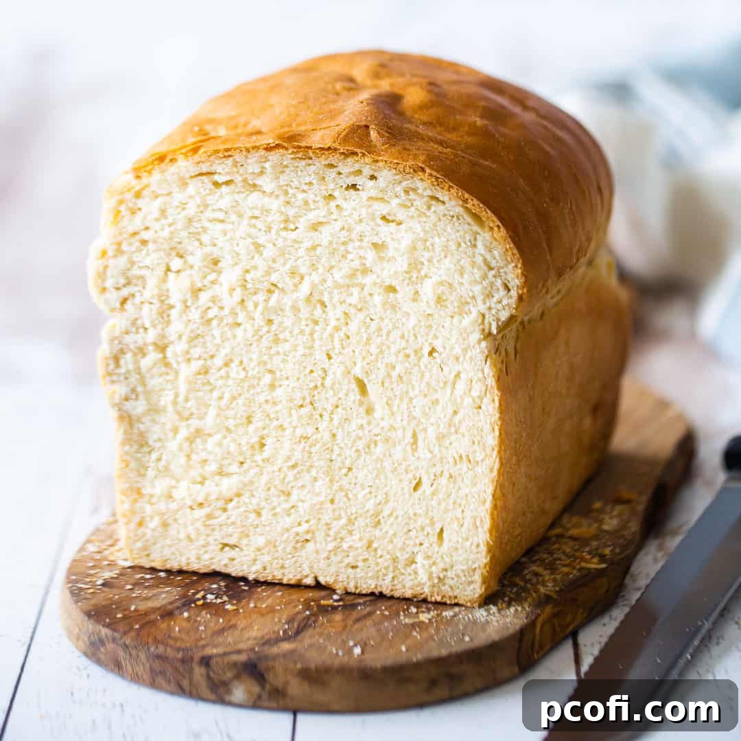 A freshly baked, golden-brown loaf of soft white bread resting on a rustic wooden cutting board, ready to be sliced and enjoyed.