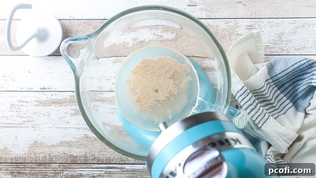 Foamy, proofed yeast mixture in a bowl, indicating active yeast ready for bread making.