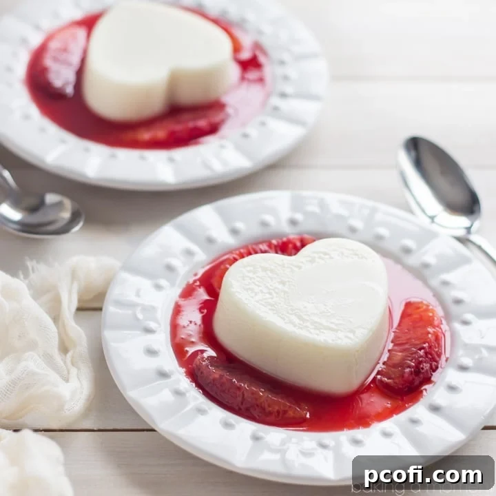 Coconut White Chocolate Panna Cotta with Blood Oranges in heart-shaped molds – a quick and impressive dessert ready in just two hours.