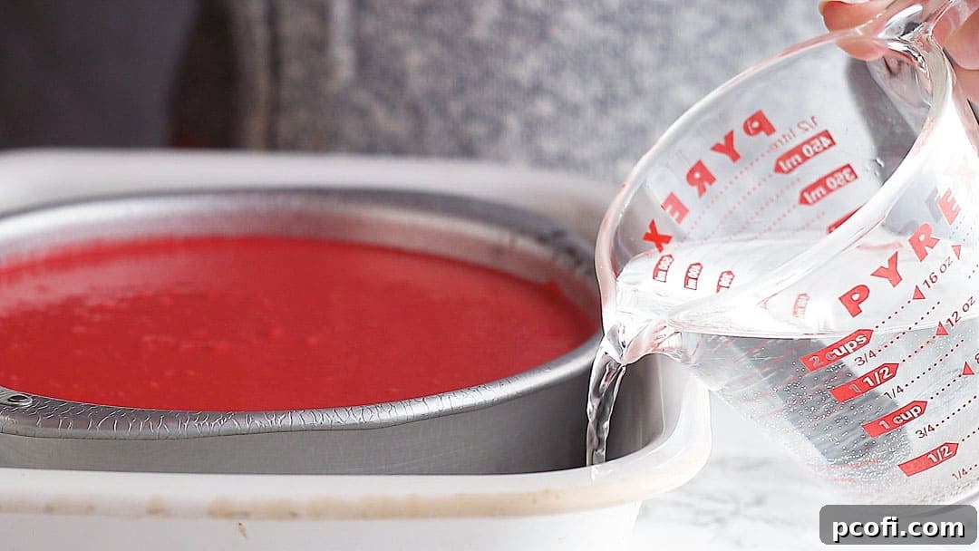 Creating a water bath in which to bake red velvet cheesecake.