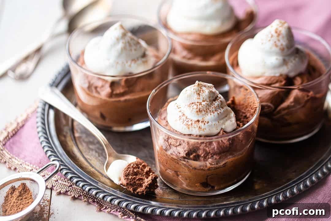 Individual glass cups of quick chocolate mousse with whipped cream and cocoa dusting, arranged on a silver tray with a pink linen napkin.