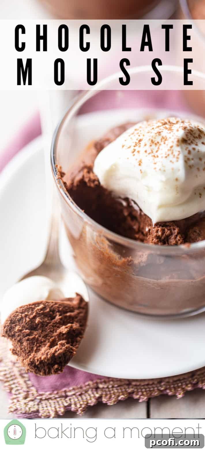 A top-down view of a single chocolate mousse serving in a glass, highlighted as an easy, eggless, 15-minute dessert.