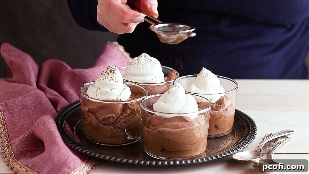 Garnishing the whipped cream-topped chocolate mousse with a light dusting of cocoa powder, enhancing its presentation and chocolate aroma.