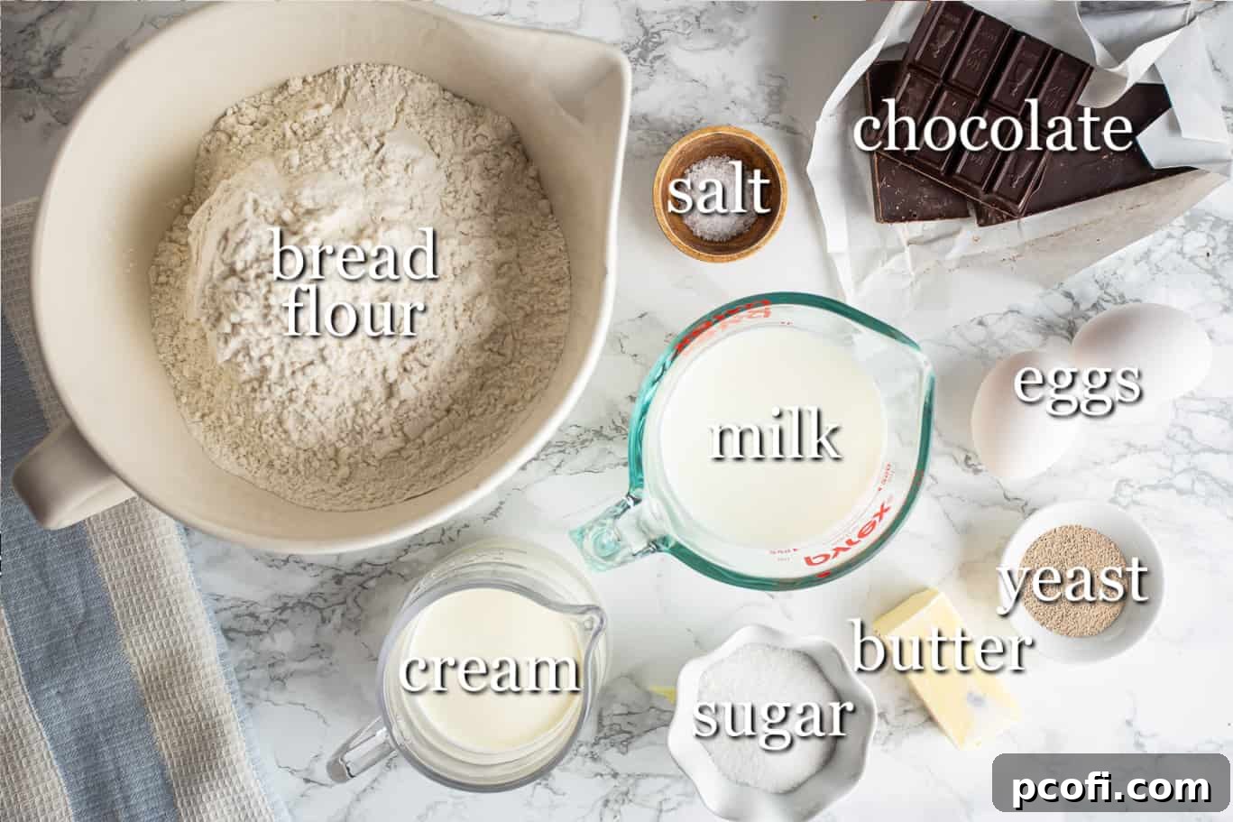 Ingredients for making chocolate babka, with text labels.