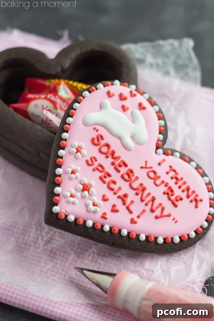 Finished edible cookie gift box, beautifully decorated and ready to hold Valentine's Day treats.