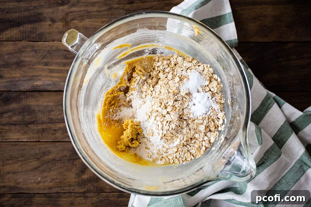 Adding dry ingredients to oatmeal cookie dough.