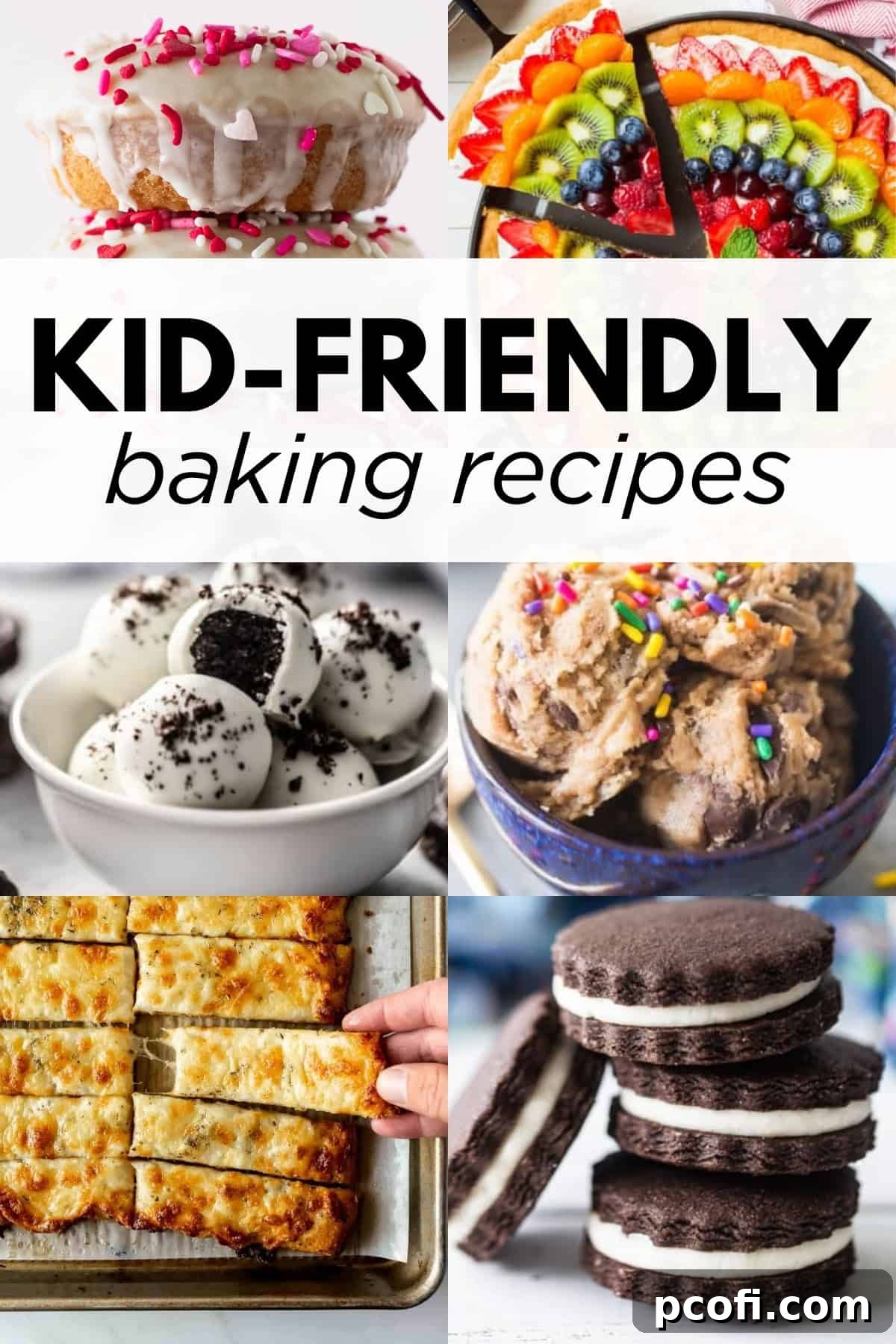 A vibrant collage of various kid-friendly baked goods, highlighting the fun and delicious possibilities of baking with children. The image features a banner text saying 'Kid-Friendly Baking Recipes'.