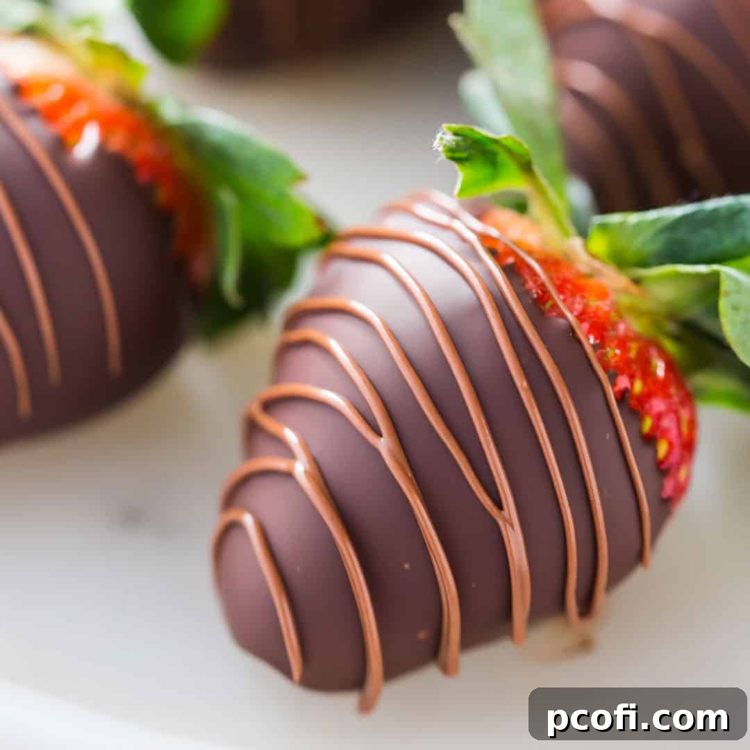 A collection of beautifully crafted chocolate covered strawberries, showcasing their glossy finish and decorative drizzles, perfect for a luxurious treat.