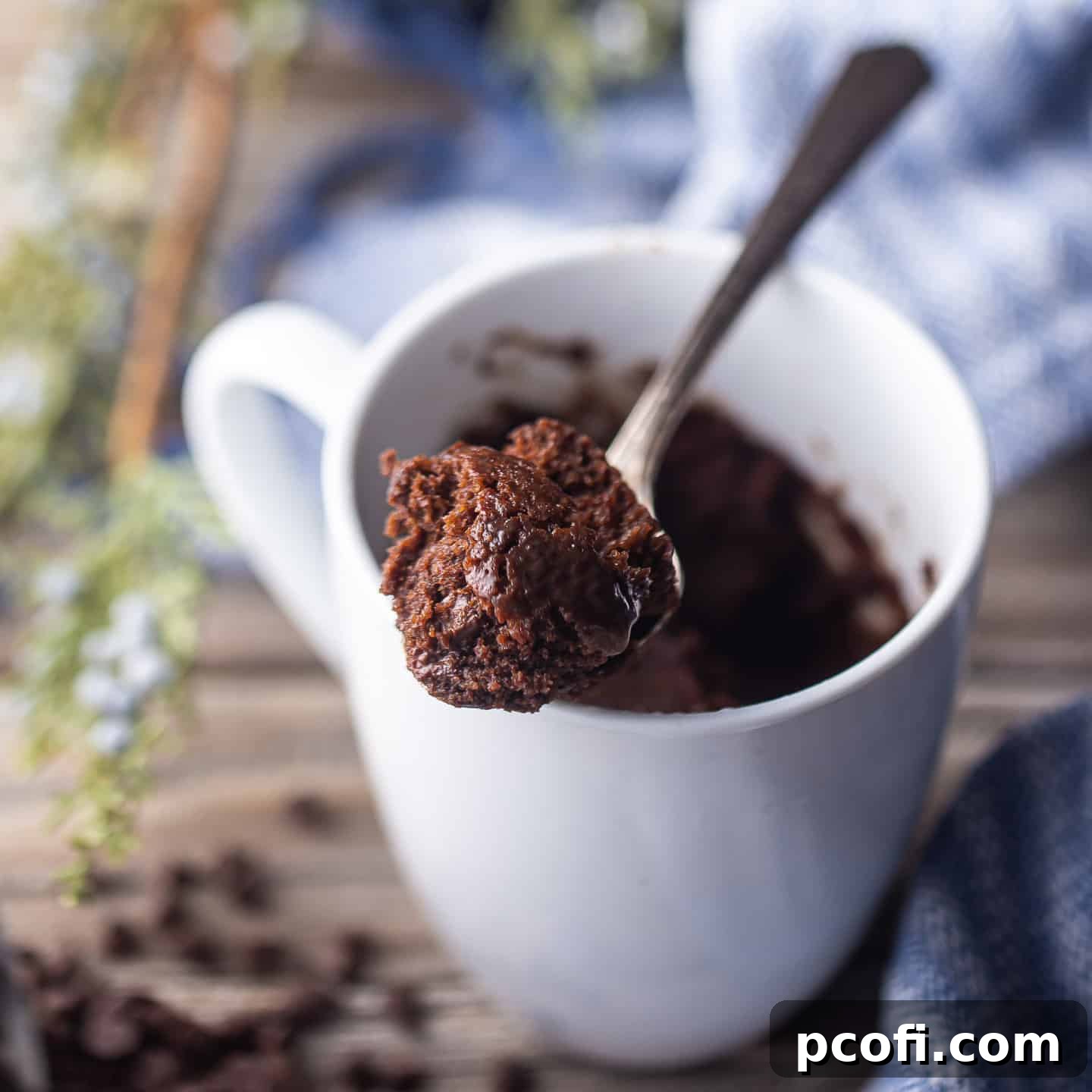 A rich chocolate mug cake, perfectly portioned and served in a white ceramic mug, ready for a single serving treat.