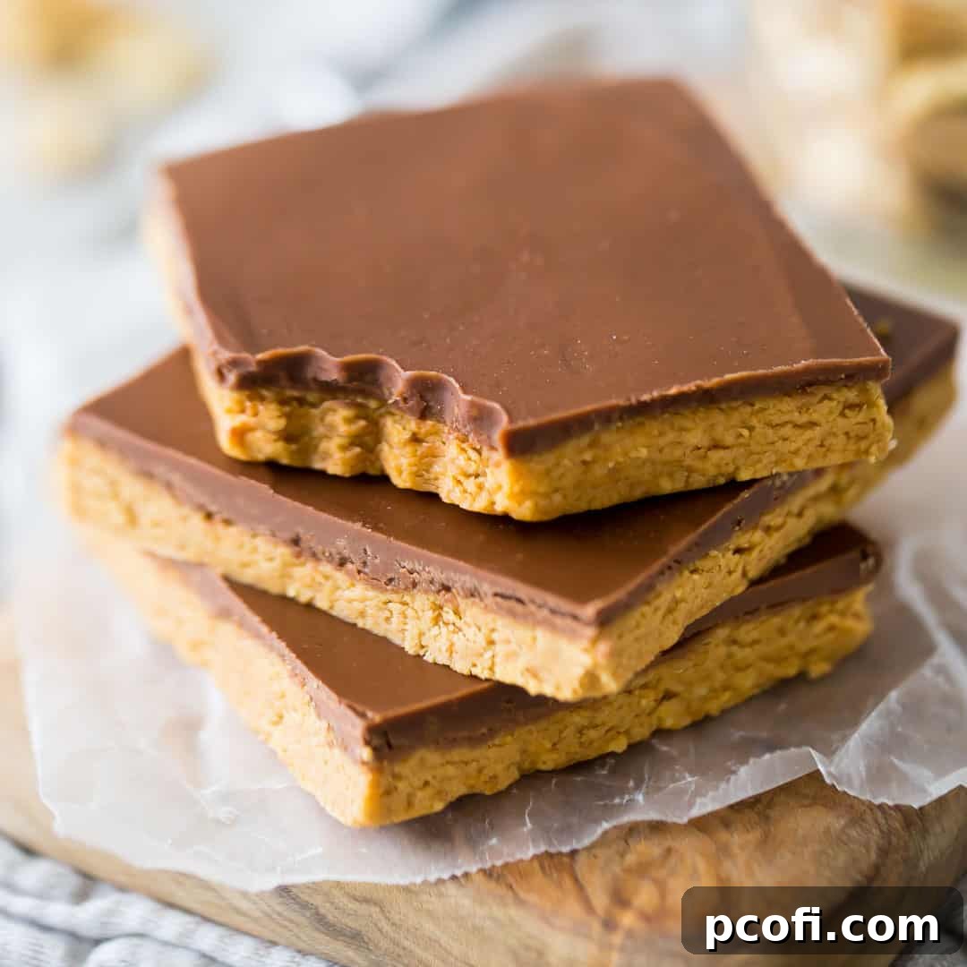 A small, tempting stack of chocolate peanut butter bars displayed on a rustic wood board, showcasing their rich layers.