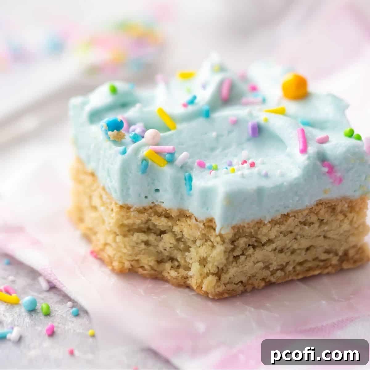 Delicious sugar cookie bars generously topped with a creamy white frosting and a scattering of colorful rainbow sprinkles.
