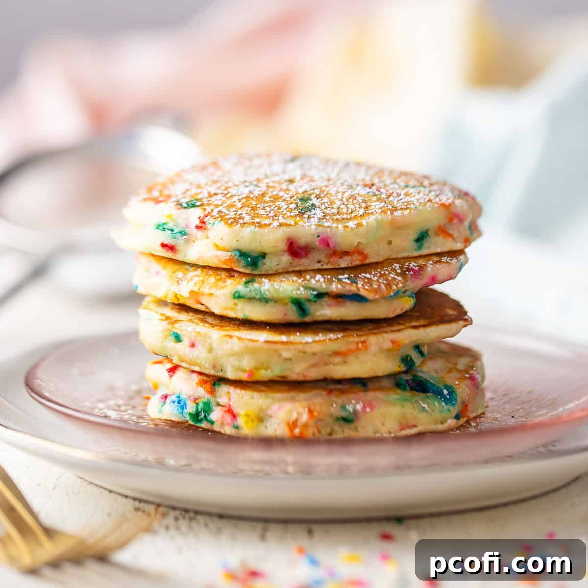 A neatly stacked pile of vibrant funfetti pancakes presented on a charming pink glass plate, ready for a special breakfast.