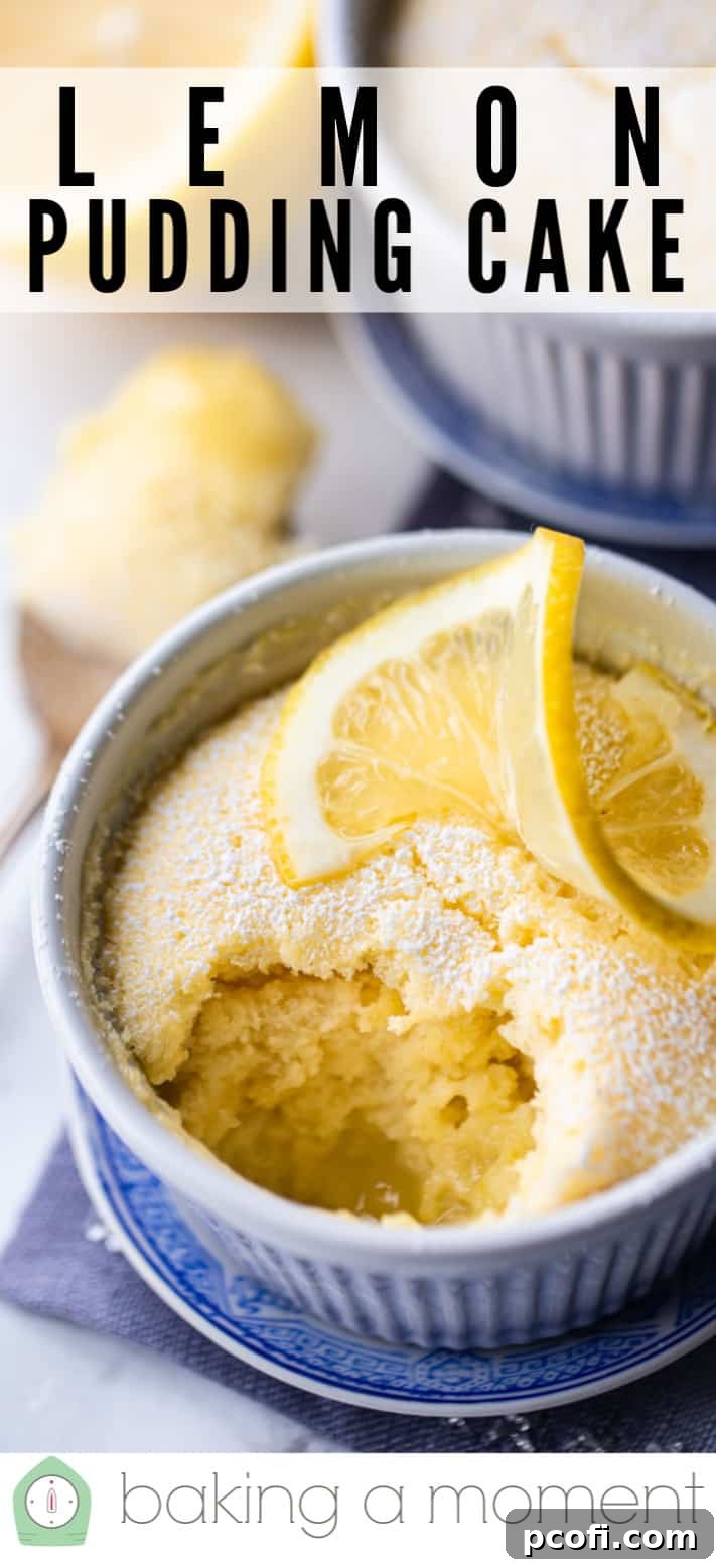 Homemade lemon pudding cake, perfectly baked in a ramekin.