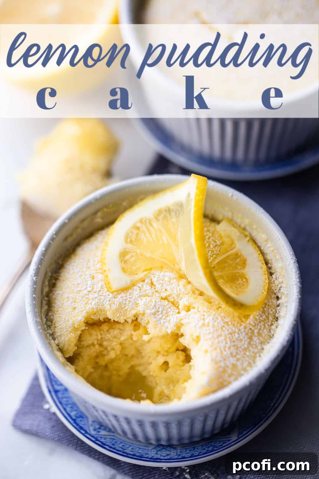 Individual lemon pudding cake portions, highlighting the fluffy top and gooey bottom sauce.