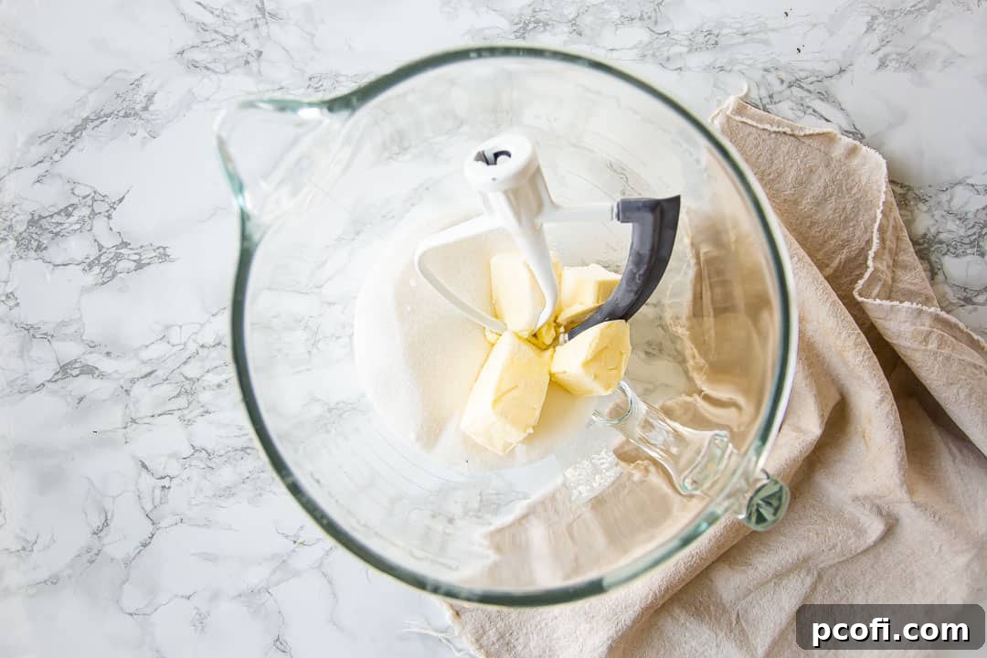 Sugar and butter in a large mixing bowl, for making chocolate pound cake.