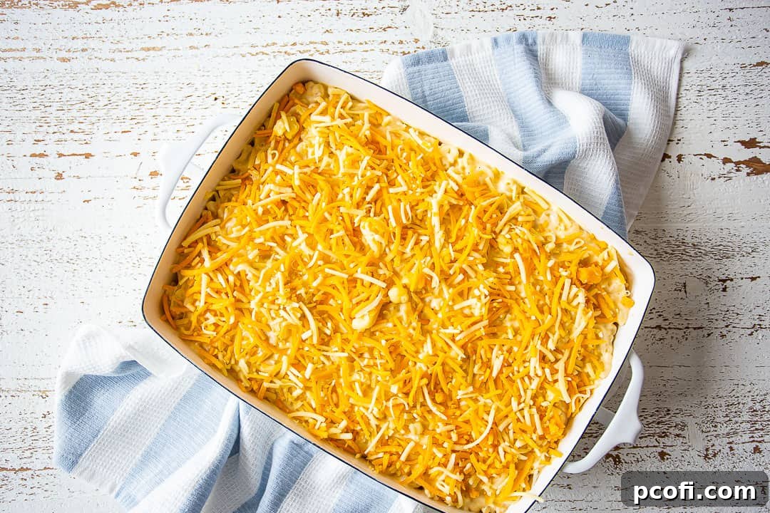An unbaked macaroni and cheese casserole, with distinct layers of noodles and cheese, ready for the oven.