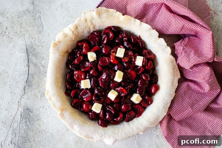 An unbaked cherry pie, ready for its top crust, with its vibrant filling dotted with cold butter for added richness.