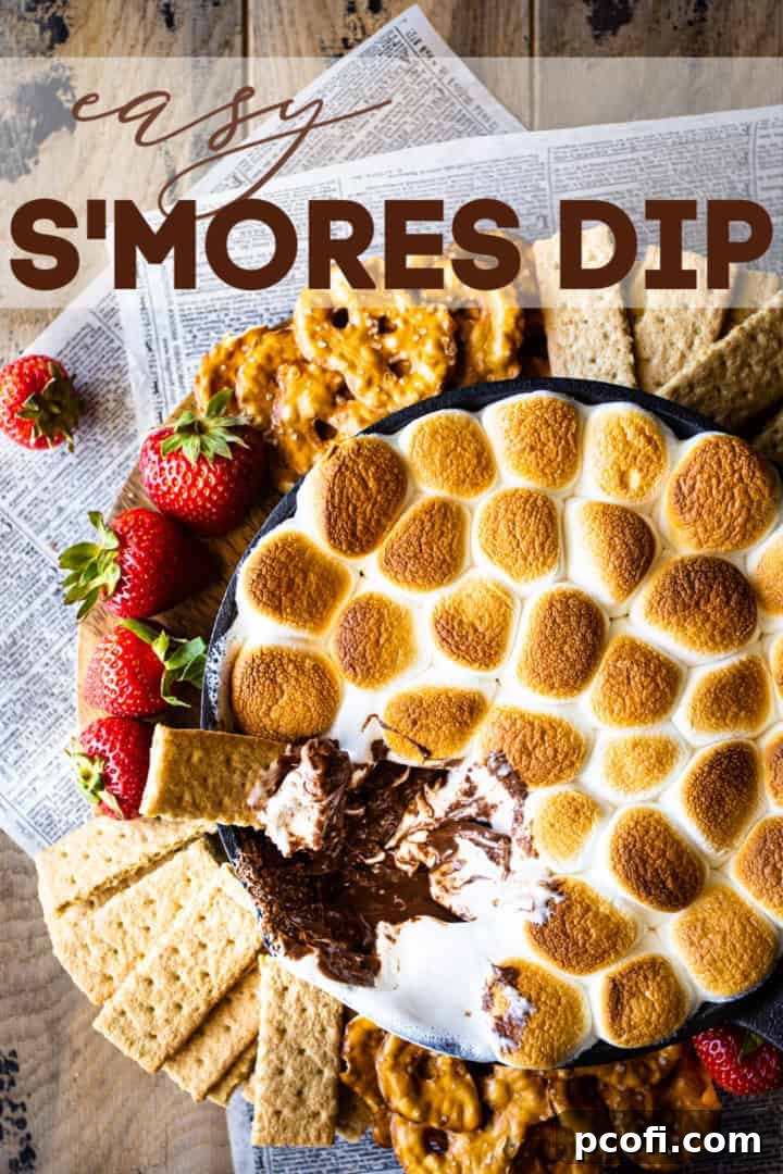 Overhead image of s'mores dip with graham crackers, pretzels, and fresh strawberries, with a text overlay that reads 