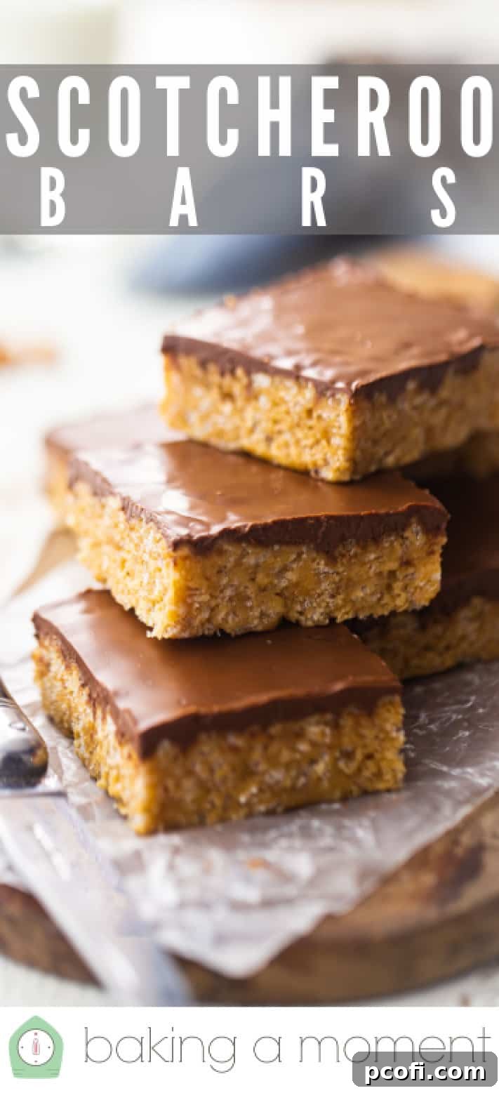 Scotcheroos recipe prepared, cut, and stacked on a board.