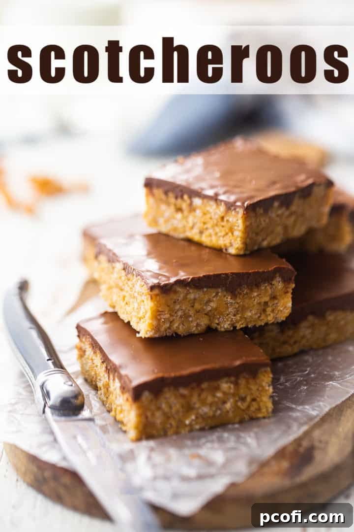 Scotcheroos recipe, prepared and served on a wooden board with a text overlay above that reads "Scotcheroos."