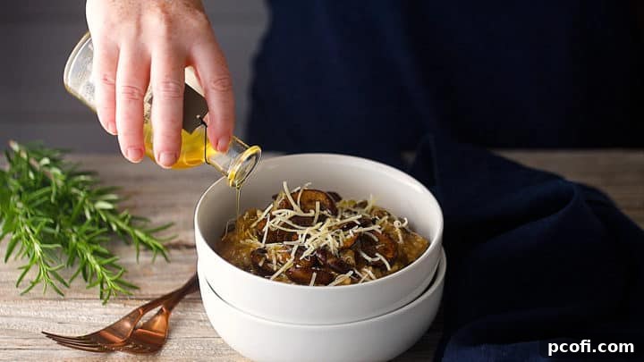 Drizzling mushroom risotto with truffle oil.