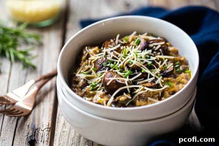 How to make mushroom risotto, with the finished dish served in shallow bowls with cheese and herbs.