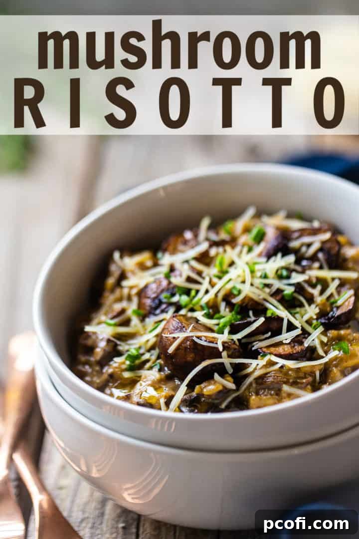 Mushroom risotto recipe, prepared and served in shallow bowls with parmesan, truffle oil, and fresh herbs, with a text overlay above that reads 