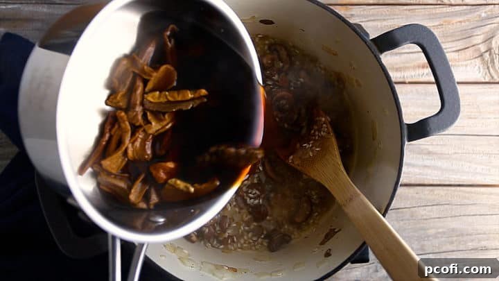 Adding reconstituted dried mushrooms & broth to risotto.