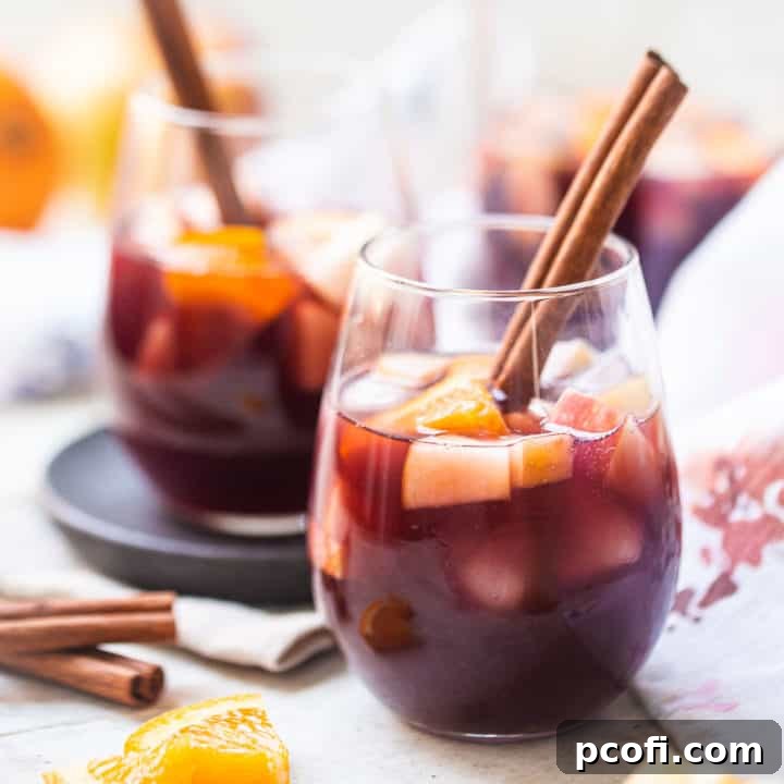A glass of homemade sangria garnished with a cinnamon stick and fresh orange slices, ready to be enjoyed.